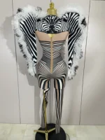 Women Zebra Stripes Long Sleeve Bodycon Jumpsuit Two Piece Set Birthday Party Nightclub Stage Performance Festival Rompers - Image 3