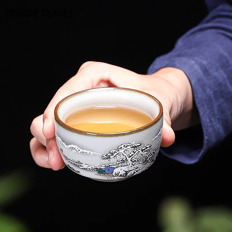 Tea Cup Chinese Ru Kiln Ceramics Teacup Exquisite Hand-painted Pattern Single Cup Tea Bowl Master Cups Individual Cup Handmade Teaware