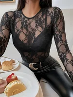 T-shirts à fleurs en dentelle pour femmes, manches longues, col rond, transparents, Slim, chemises printemps été automne 2