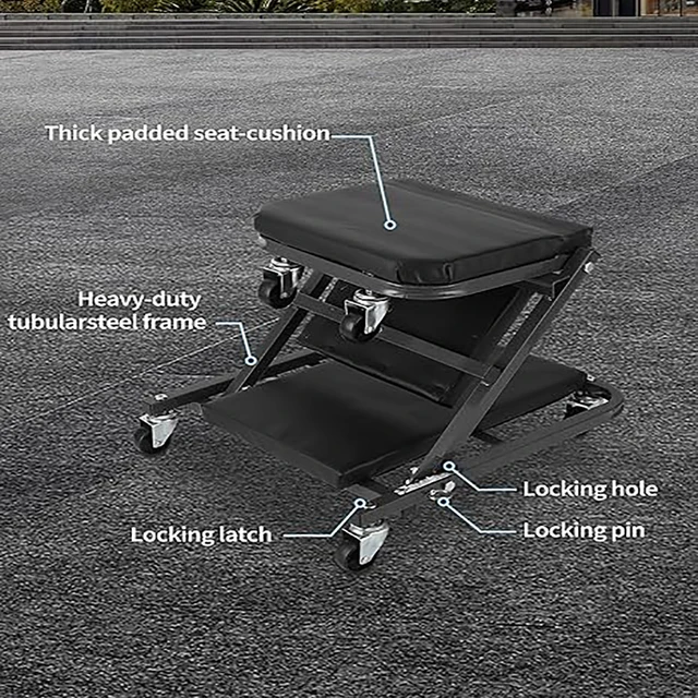 2-in-1 Foldable Garage Creeper Shop Seat, 300LBS Capacity Automotive Mechanic Repair Under Car Rolling Creeper Seat