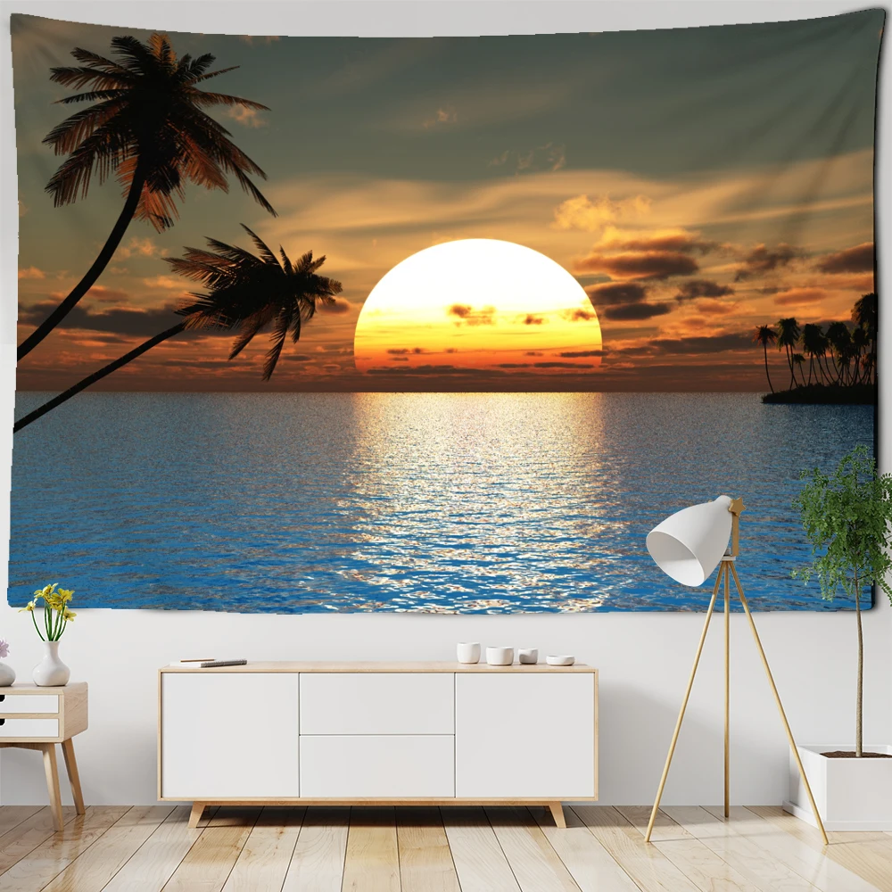 Sunset Seaside Landscape Tapestry Wall Hanging Bohemian Hippie Dormitory Living Room Decor Background Cloth