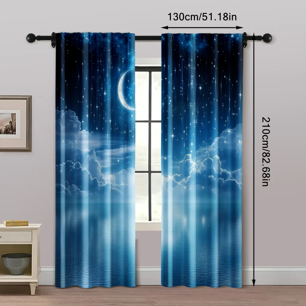 2pcs, Window Curtains Starry night sky moon and foggy clouds landscape Protecting Privacy Family Party Decoration Use for 5