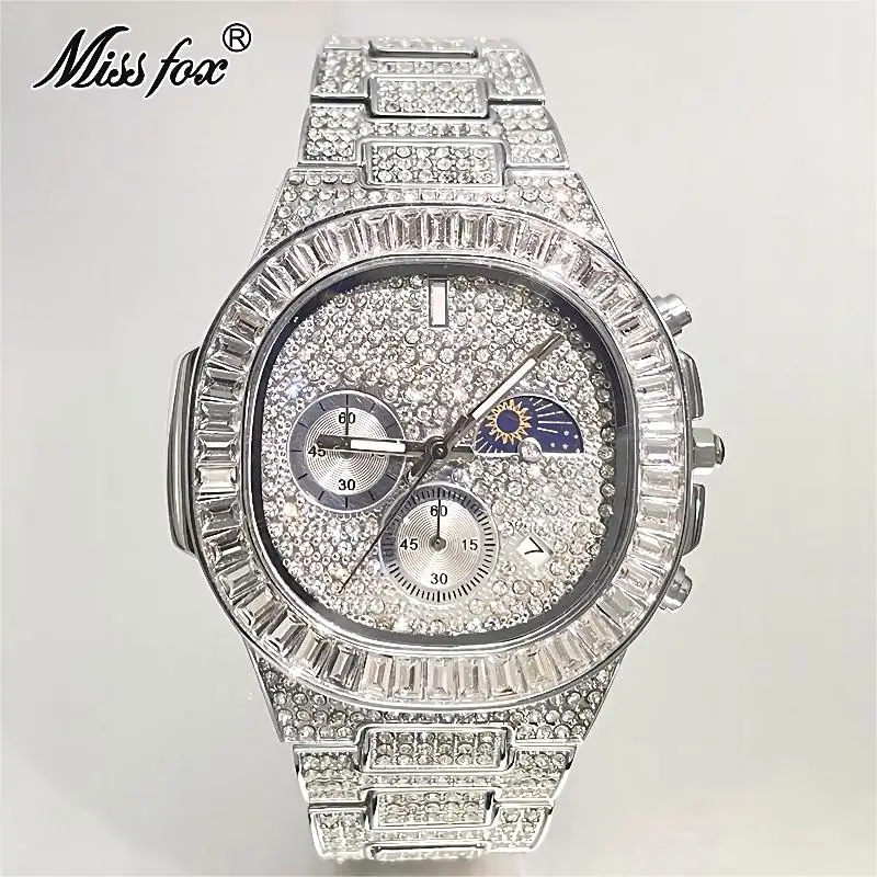 

Luxury Gold Watches Mens Brand MISSFOX Fashion Iced Bling Quartz Wristwatches Man Hip Hop Square Diamond Moon Phase Clocks Reloj