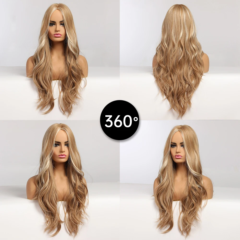 EASIHAIR Golden Highlight Blonde Long Wavy Synthetic Wigs Middle Part Natural Hairs for Women Daily Party Heat Resistant Fibers_voghion.com