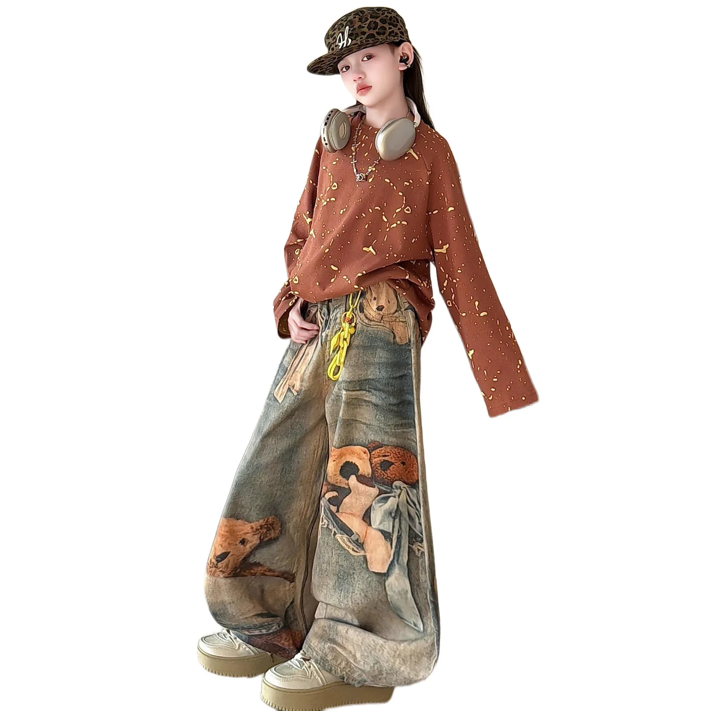 여자 와이드 레그 청바지 진주 포켓 캐주얼 데님 바지 한국 봄 가을 패션 십대 아동 바지 4-14세