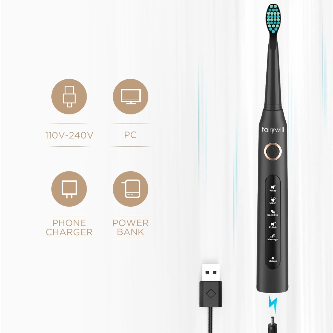 Fairywill Electric Sonic Toothbrush USB Charge FW-507 Rechargeable Waterproof Electronic Tooth Brushes Replacement Heads Adult