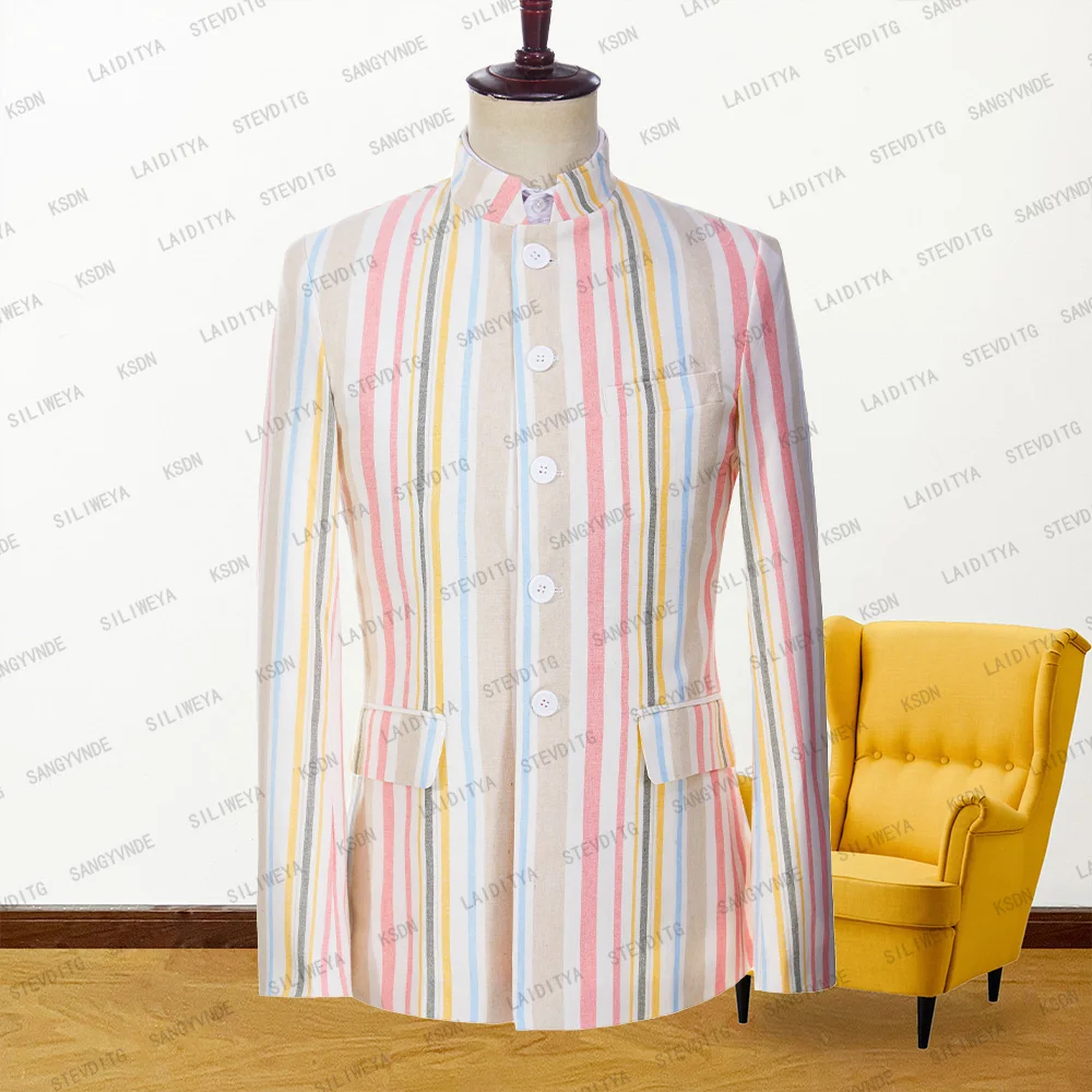 

Новинка 2023, летний мужской костюм, приталенный пляжный однобортный Повседневный блейзер в цветную полоску для отдыха, модный пиджак, куртка