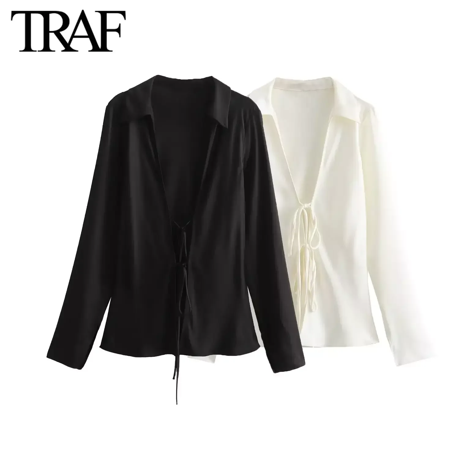 TRAF 여성용 긴팔 타이업 브이넥 활 블라우스, 스트리트 의류, 새틴 셔츠, 세련된 숙녀 상의, 2024 용수철 신상 패션