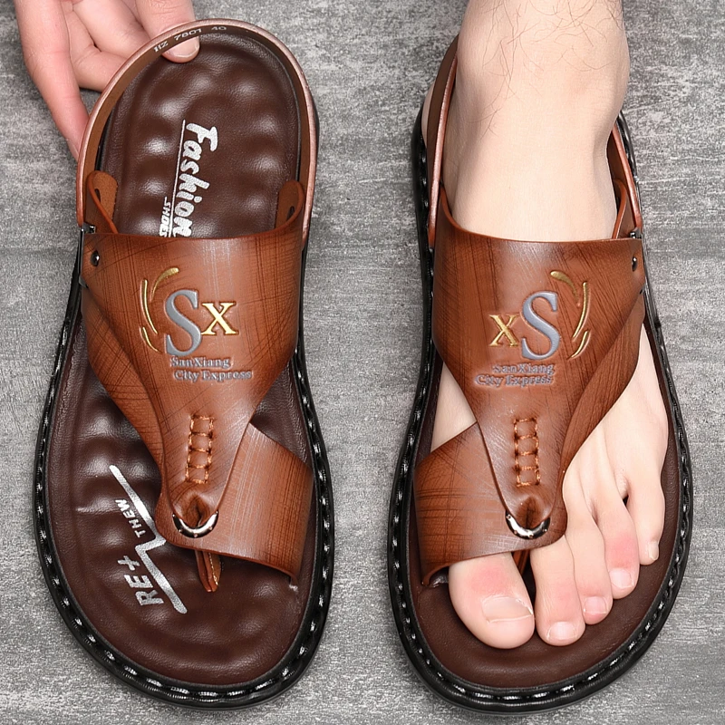 Leather Sandals Men's Summer Soft soled Anti slip Beach Flip-flops Casual Outwear