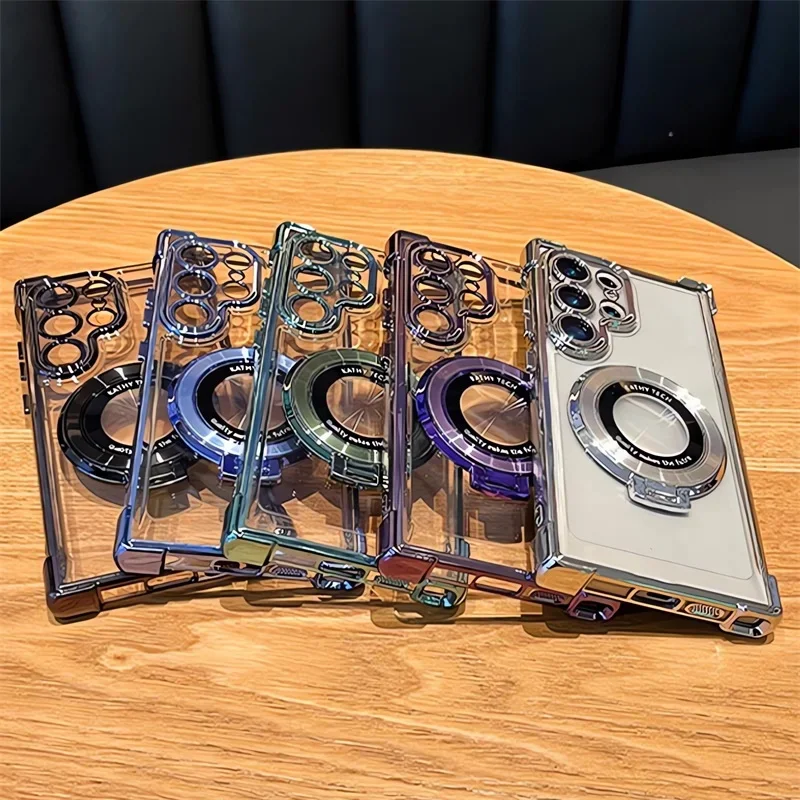 Luxury Magnetic Plating Shockproof Clear Case with Stand Holder and Acrylic Back Cover