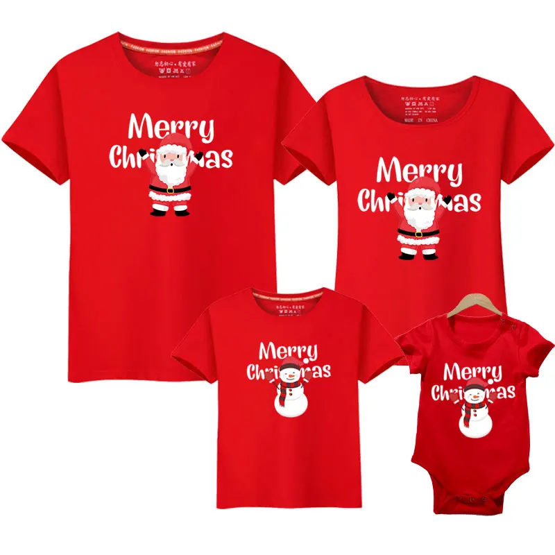 Christmas Cartoon Print Family Matching Clothes Short Sleeve Mother Father Daughter Son Kids T-shirt New Year Baby Bodysuit