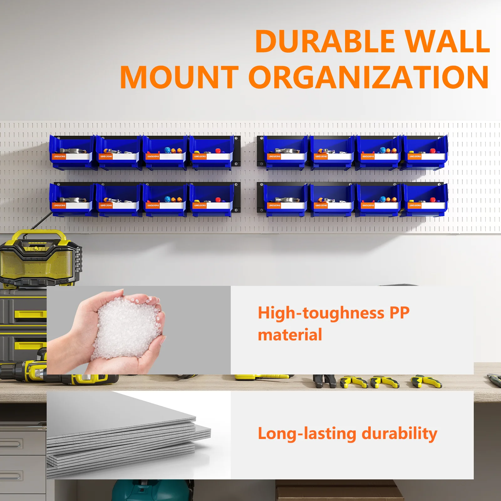 LEADLOONG Durable Wall Mount Organization 49.7*11.4 CM/19.6*4.5 INCH Metal Pegboard For Parts Bin Organizer 3