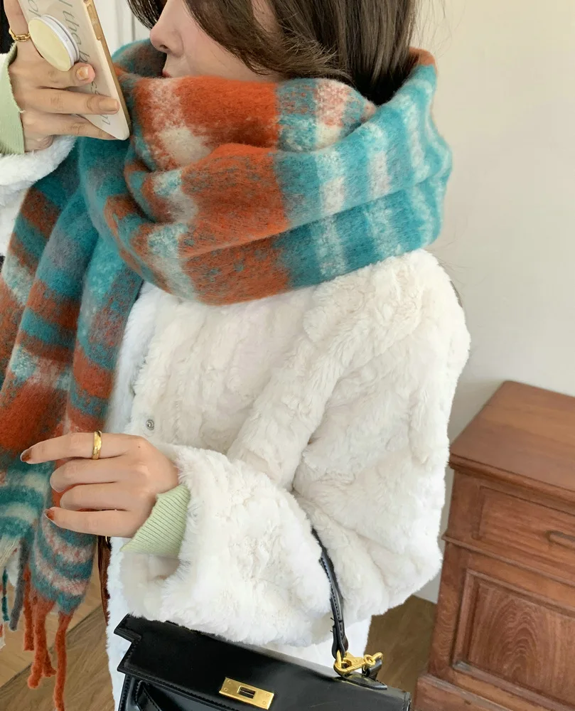 

2022 New Rainbow Color Checkered Scarf for Women Autumn/Winter Cashmere Feel Thick Beard Scarf for Students and Couples Warm