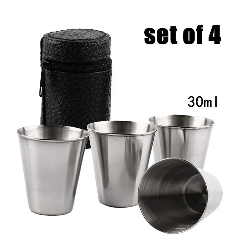 Shot Glasses Polished 30 Ml Stainless Steel Shot Glass Cup Drinking Wine Glasses With Leather Cover Bag For Kitchen Bar Barware 4 Pcs/Set