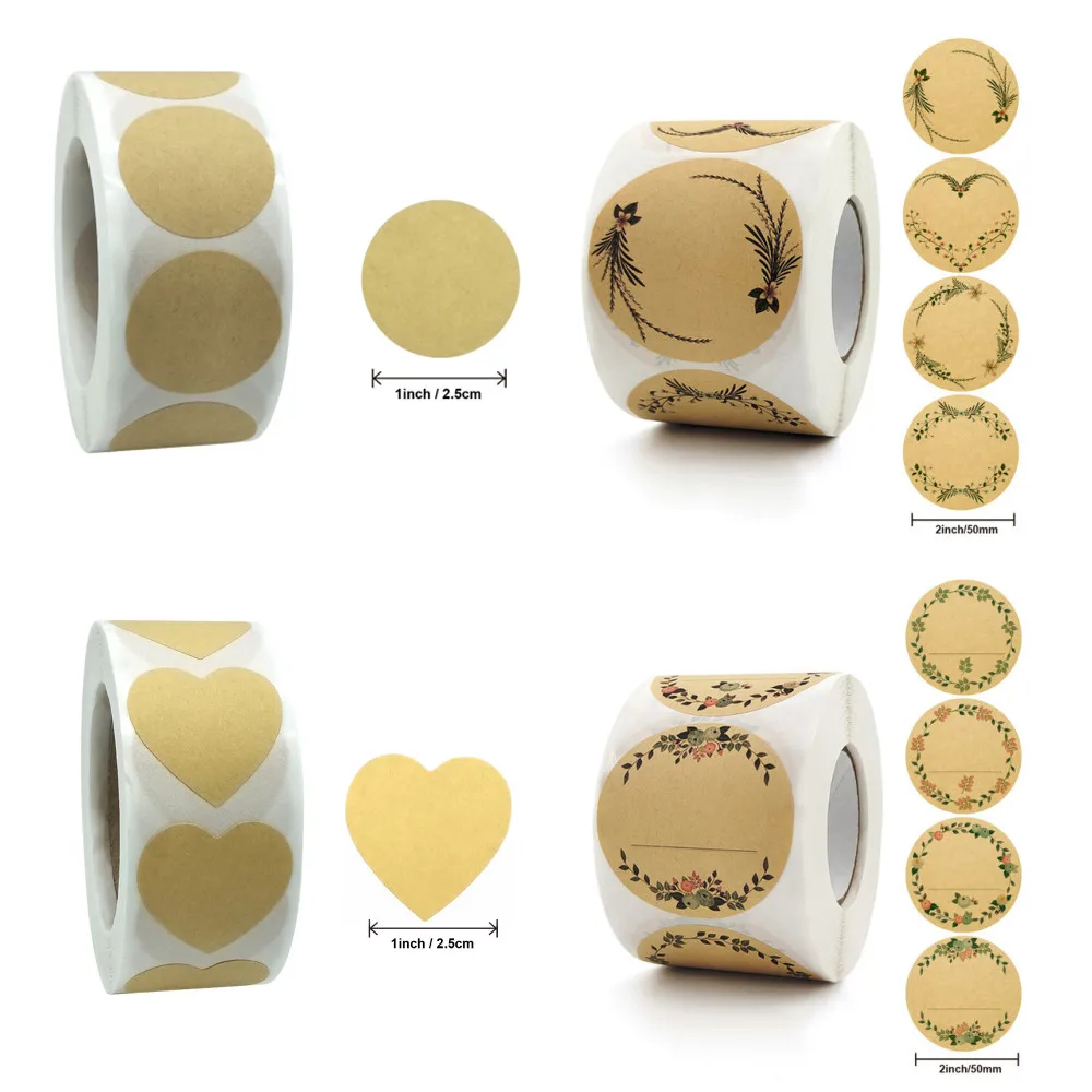 100pcs/kraft paper sticker Colorful heart shape, round, blank label Handmade gift label paper DIY envelope sealing sticker