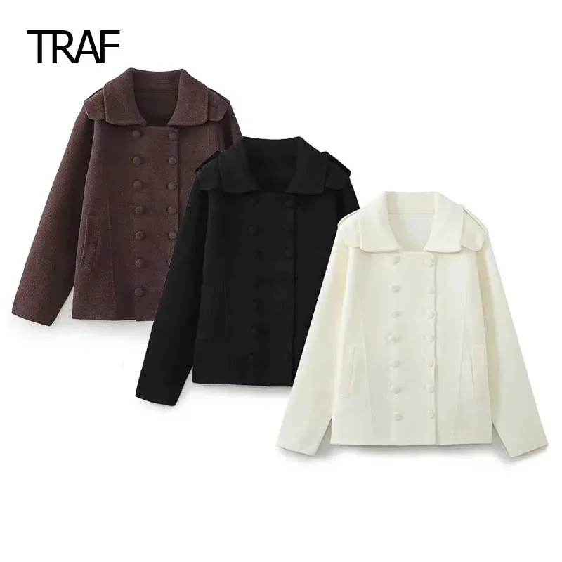 

TRAF Women's Coat Autumn Winter 2023 Tweed Outerwear Lapel Collar Long Sleeve Top New In Coats Demi-Season Chic And Elegant Coat