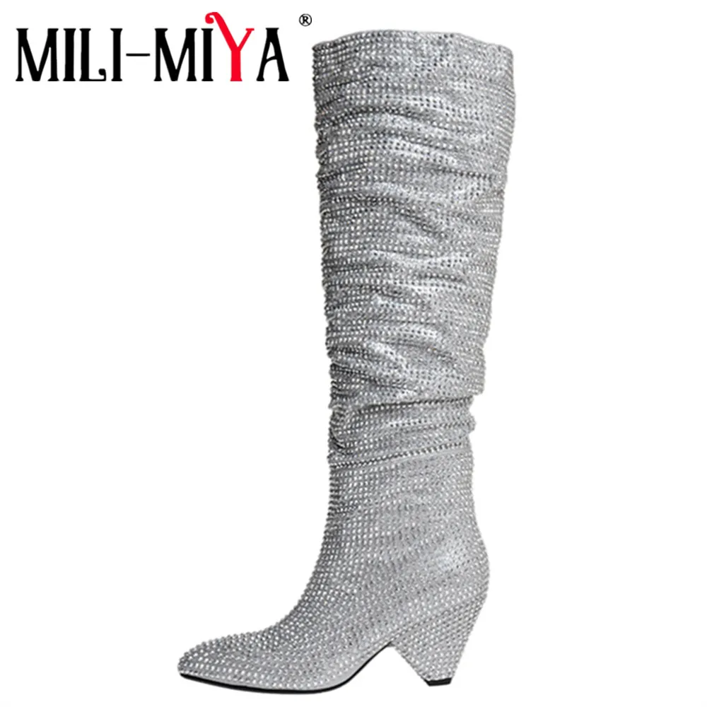 

MILI-MIYA Fashion Pointed Toe Women Crystal Microfiber Knee High Boots Slip On Thick Heels Bling Bling Plus Size 35-43 Handmade