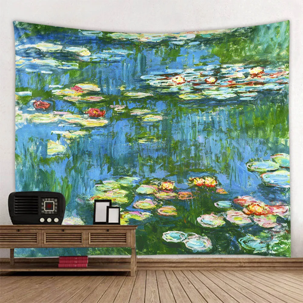 

Retro oil painting, water lily print, tapestry, flower and plant wall hanging, home decoration, abstract aesthetic tapestry