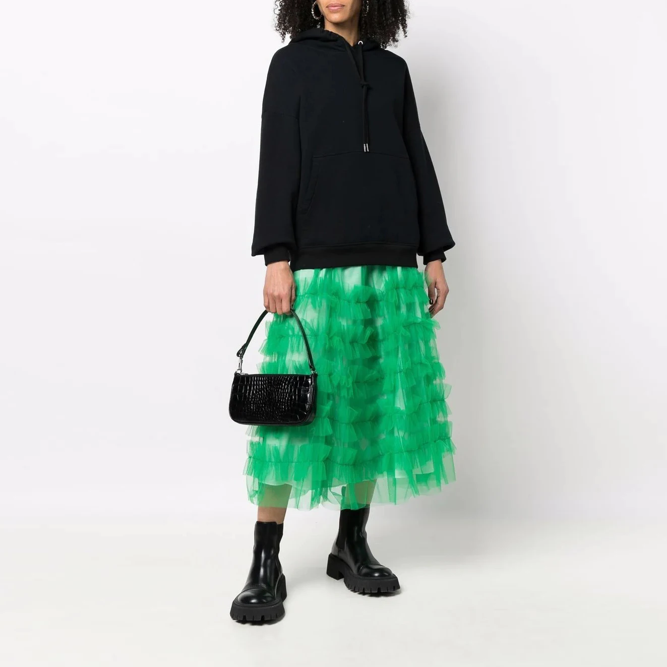 

High Street Green Ruffled Tulle Skirts Women Elastic A-line Ruched Tiered Tulle Skirt Female Bottom Skirts