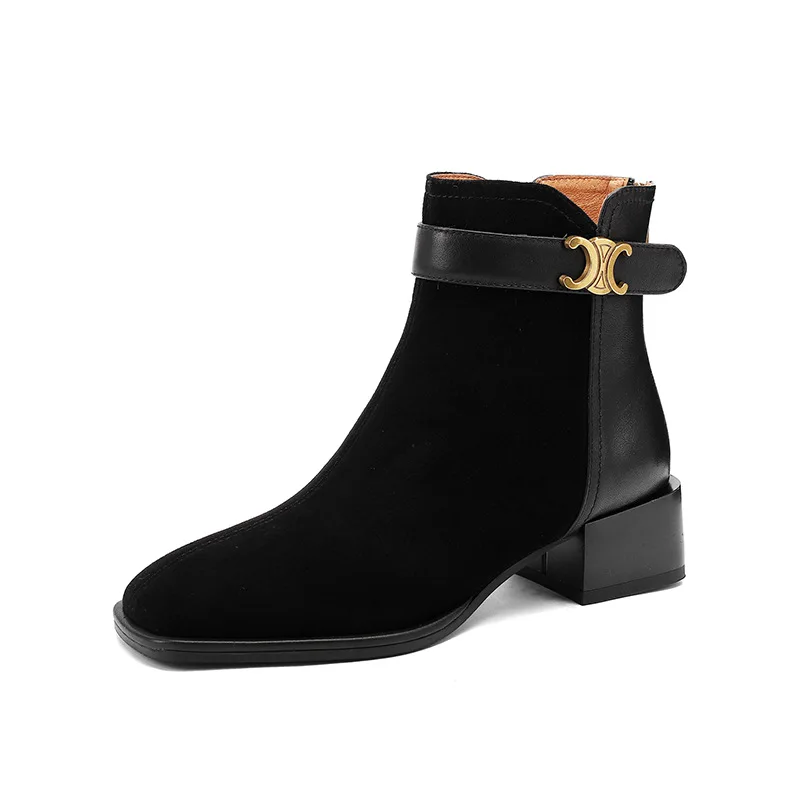 British Style Low Heels Ankle Boots Women 2023 Autumn Suede Faux Square Toe Short Boots Woman Thick Square Heel Retro Booties