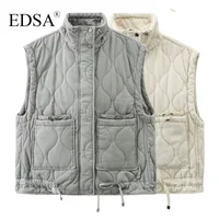 EDSA Women Pocket Cotton Jacket Vest Sleeveless Stand Neck Zipper Waistcoat Loose Female Streetwear