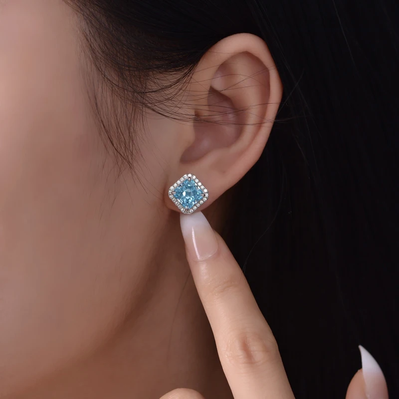 OEVAS 100% 925 Sterling Silver 7*7mm Aquamarine Yellow Pink High Carbon Diamond Stud Earrings For Women Sparkling Fine Jewelry