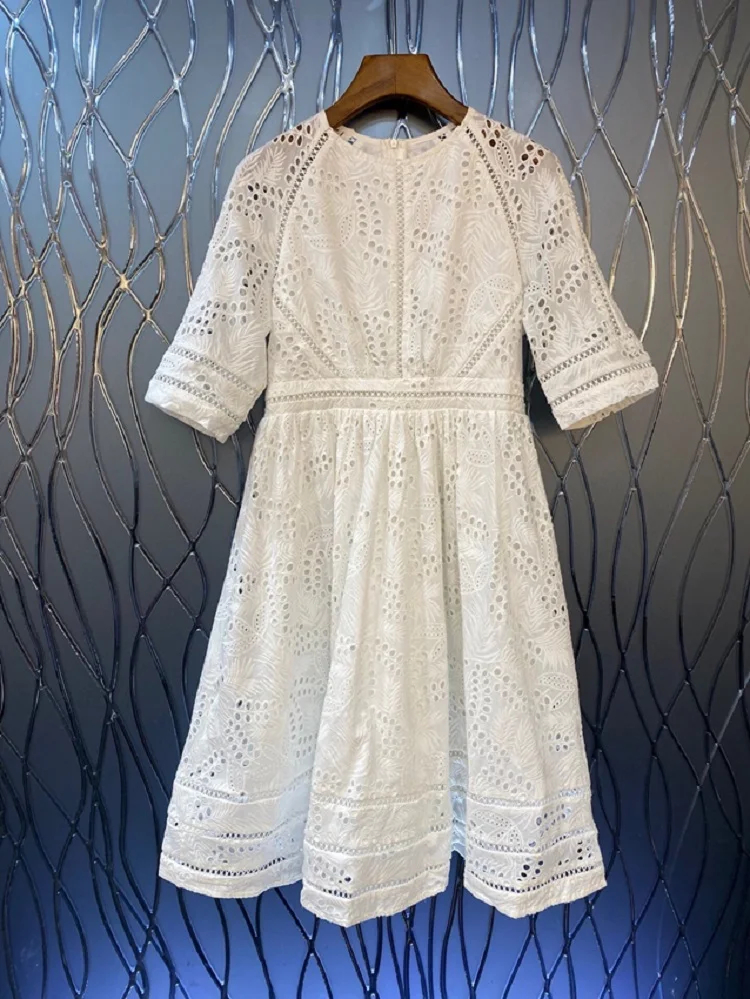 

100%Cotton Dress 2023 Summer Style Women O-Neck Allover Hollow Out Embroidery Short Sleeve A-Line Casual White Dress Vestidos