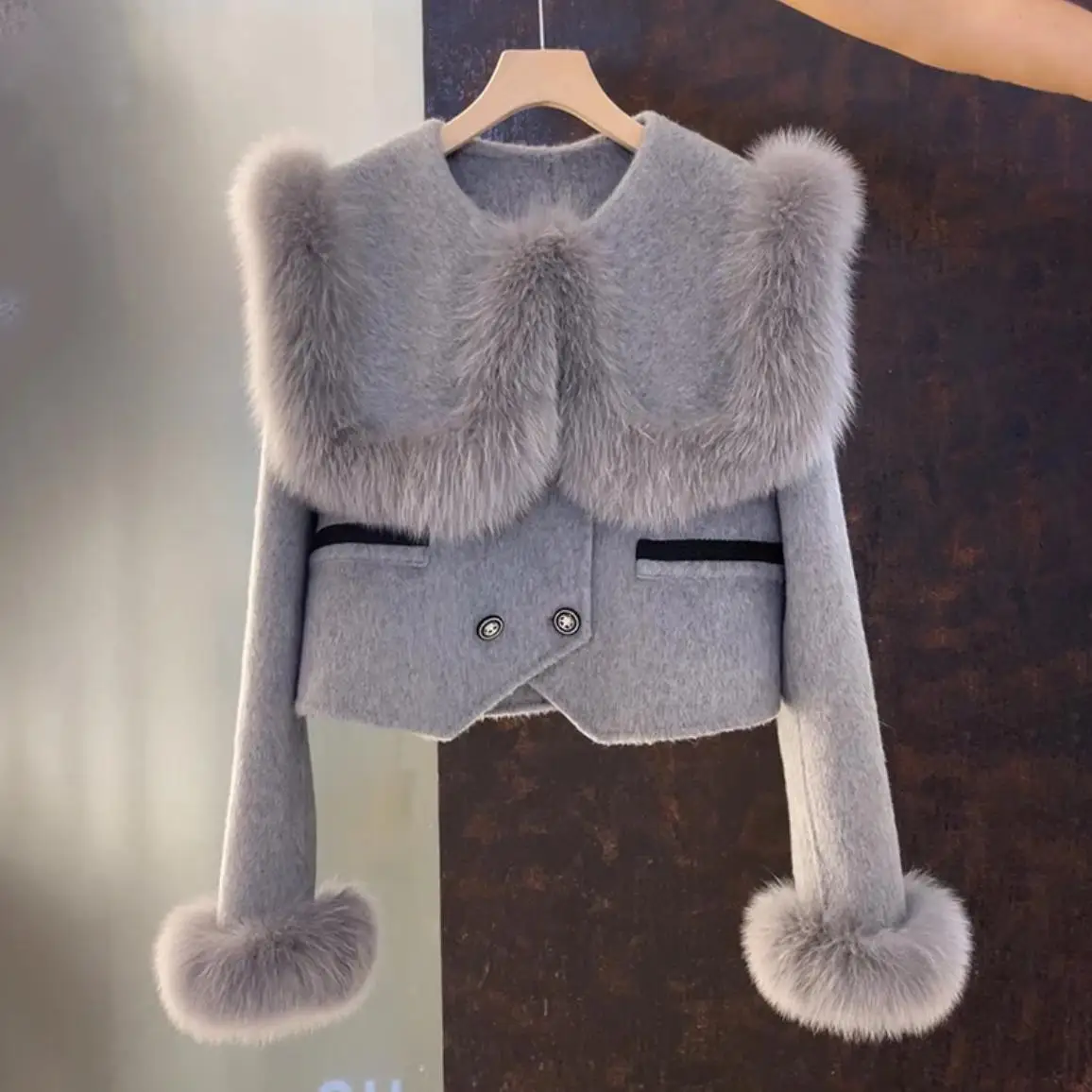 

Женское Короткое шерстяное пальто, пальто из лисьего меха, новая Корейская зимняя куртка, Осень-зима 2023