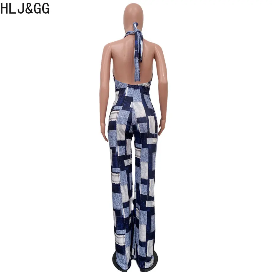 HLJ&GG Blue Sexy Denim Color Patchwork Jumpsuits Women Hollow Out Halter One Piece Playsuits Casual Plaid Printing Overalls 2023