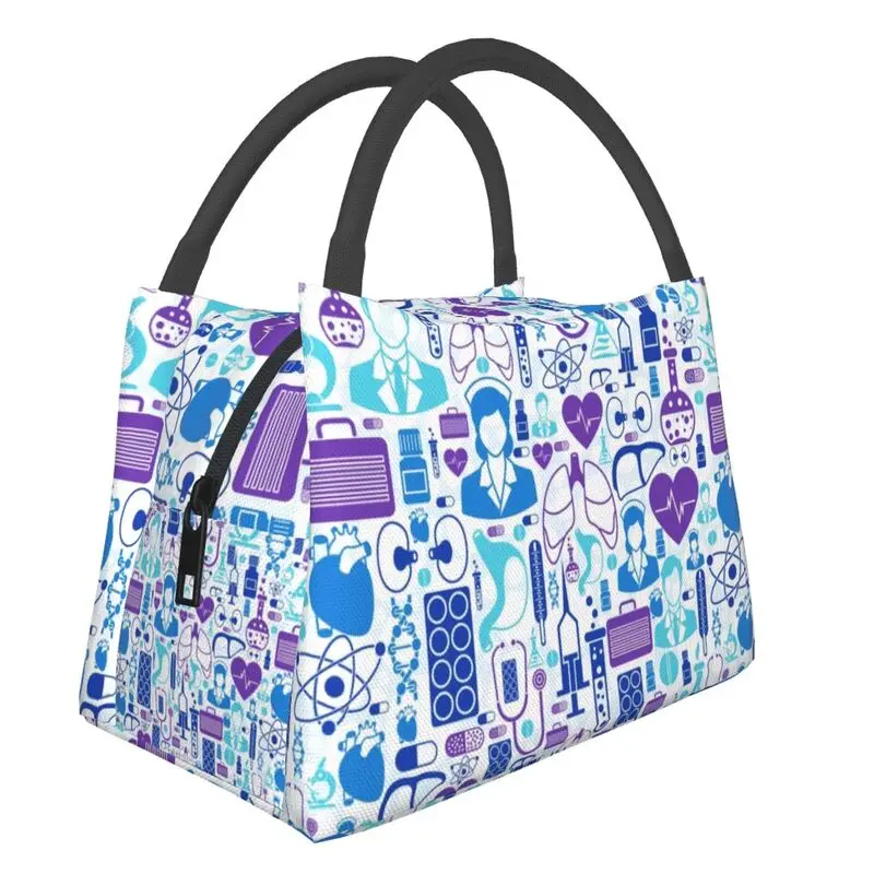 

Nurse Nursing Purple Pattern Lunch Boxes Women Leakproof Cooler Thermal Food Insulated Lunch Bag Office Work Pinic Container