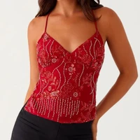 Haut caraco sans manches à paillettes brodées de fleurs, Sexy, décolleté en v profond, dos nu, gilet d'été pour femmes, pour fête, Club, haut court 5