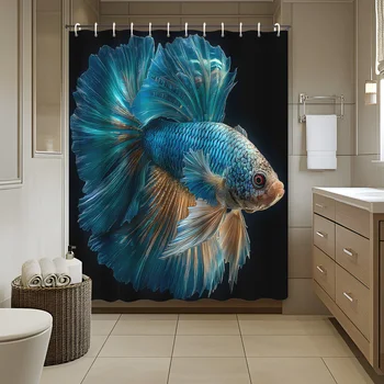 1 Ocean Element blue elegant shower curtain with goldfish, includes 12 hooks, bathroom decor, bathroom accessory, home decoration 1
