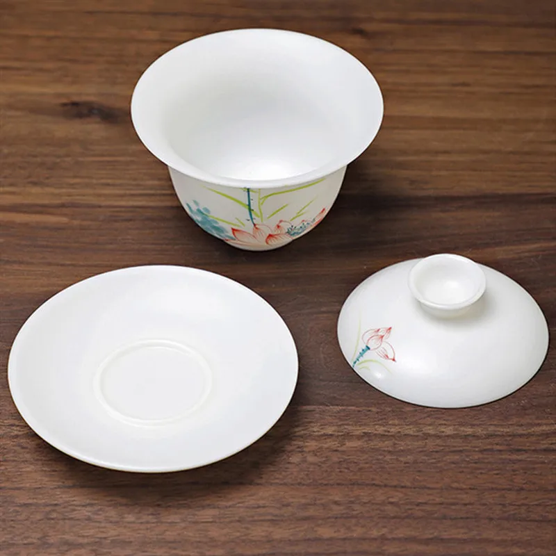 140m Chinese Handmade Ceramic Gaiwan Suede Jade Porcelain Tea Tureen Hand-painted Flowers Teacup Tea Bowl Travel Teaware