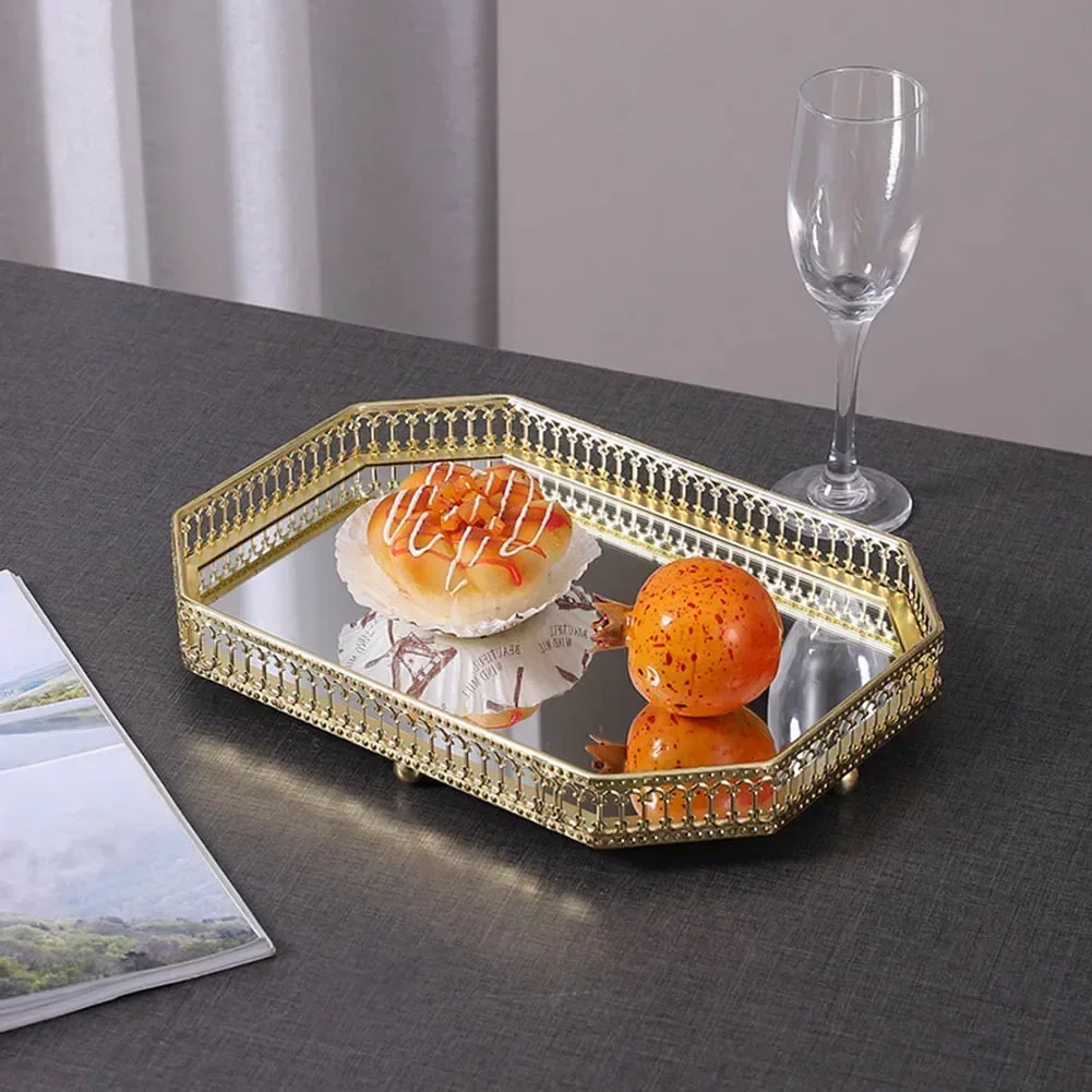 European Glass Metal Storage Tray Gold Decor Luxury Home Decor Jewelry Display Living Room Mirror Glass Tea Tray Table Storage 3