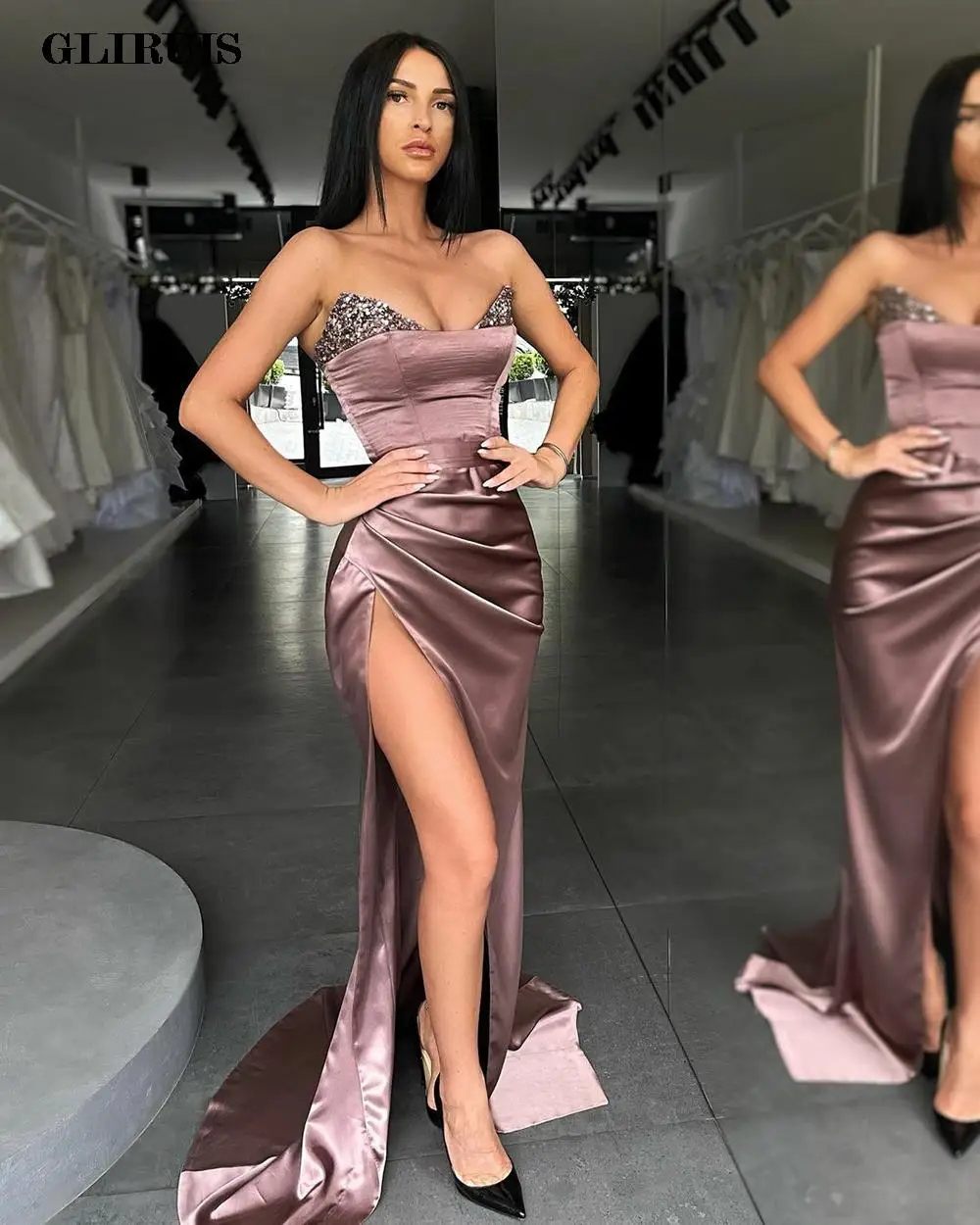 

Sevintage High Side Slide Mermaid Prom Dress Sleeveless Pleat Evening Gown Crystal V-Neck Formal Party dresses Fashions Outfits