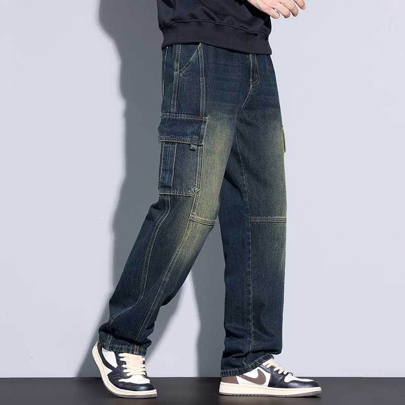Men's 97% Cotton Straight Cargo Jeans Trendy Multi-pocket Nostalgic Loose Trousers Man American Vintage Fashion Denim Pants 4