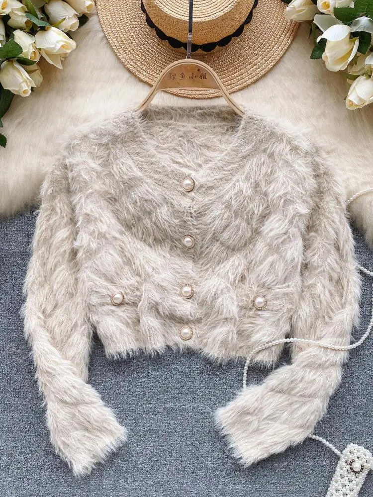 Cárdigan de punto de visón de felpa Lisa para mujer, suéter de manga larga con cuello en V, chaqueta holgada de un solo pecho, Retro francés, Otoño e Invierno - Image 3