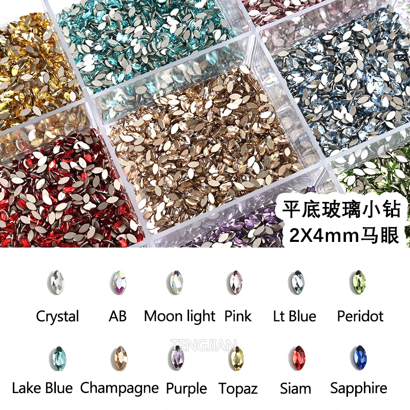 

2x4mm Flat Back Horse Eye Mini Nail Art Rhinestones 12Color Glass Crystals For DIY Manicure Decoration Diamond 100Pcs