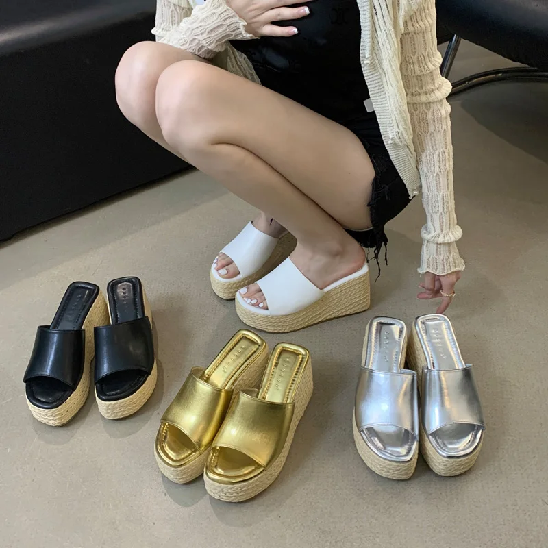 

Ladies Wedge Sandals Gold Platform Heels Slippers For Woman 2024 Summer Rope Weaving Wedge Shoes Silver Black Chassure Femme