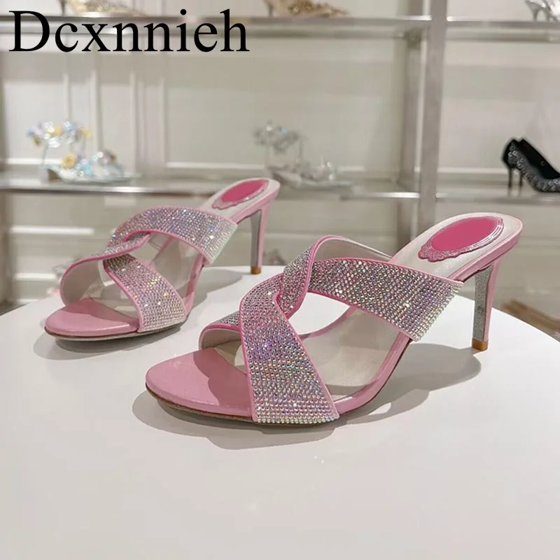 

New Summer Round Toe Open Toe Thin High Heel Slippers Women's Cross Crystal Decorative Sandals Women Versatile Casual Shoes 2024