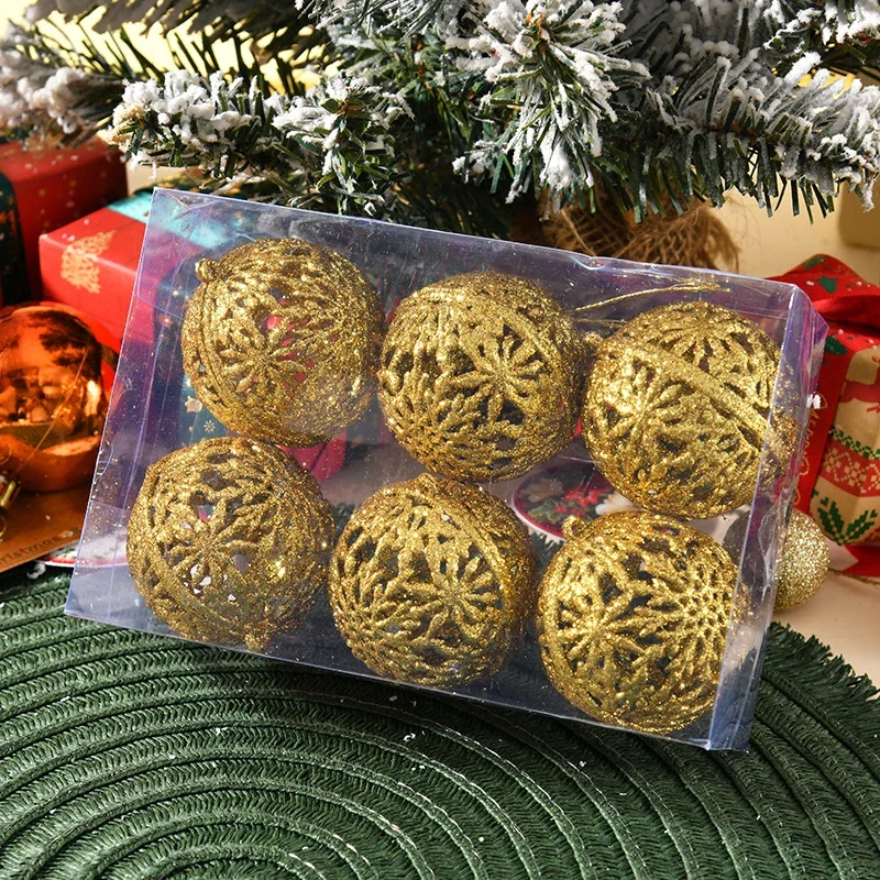 thumbnail image 1 of 6 bolas navideñas colgantes para decoración de árbol de Navidad, bolas de plástico de 6 cm en caja de PVC, bolas huecas de polvo dorado para fiestas, decoración del hogar de Año Nuevo, 1 of 5