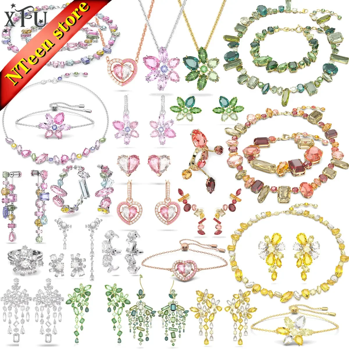 

XFU Gema 2024 Fine Jewelry Set Candy Shiny Crystal Charm Women's Necklace Earrings Bracelet Ring Party Gift With Logo
