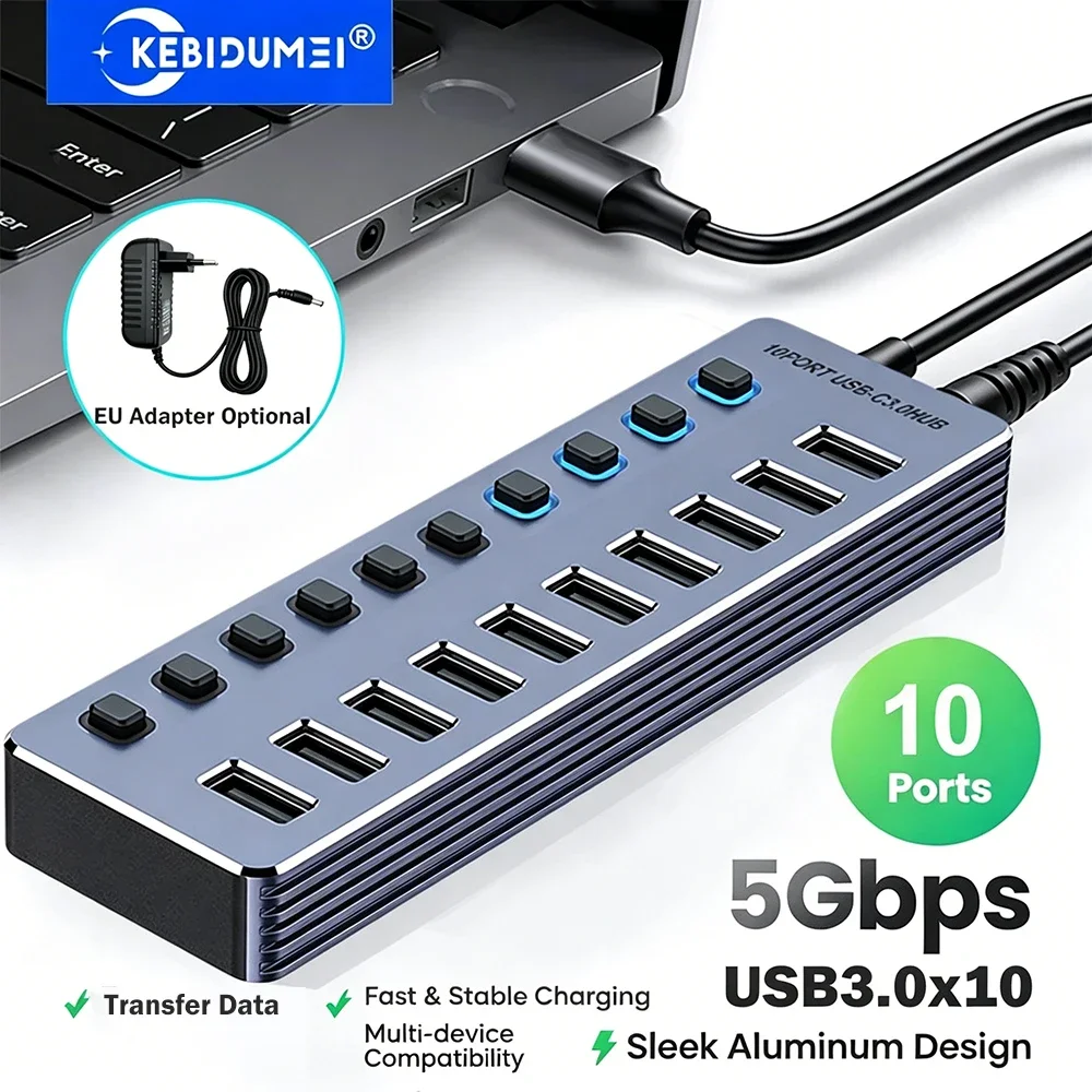 موزع USB 3.0 من KEBIDUMEI بـ 10 منافذ مع مفاتيح تشغيل/إيقاف مستقلة، محطة إرساء USB عالية السرعة 5 جيجابت في الثانية من النوع C للحاسوب المحمول
