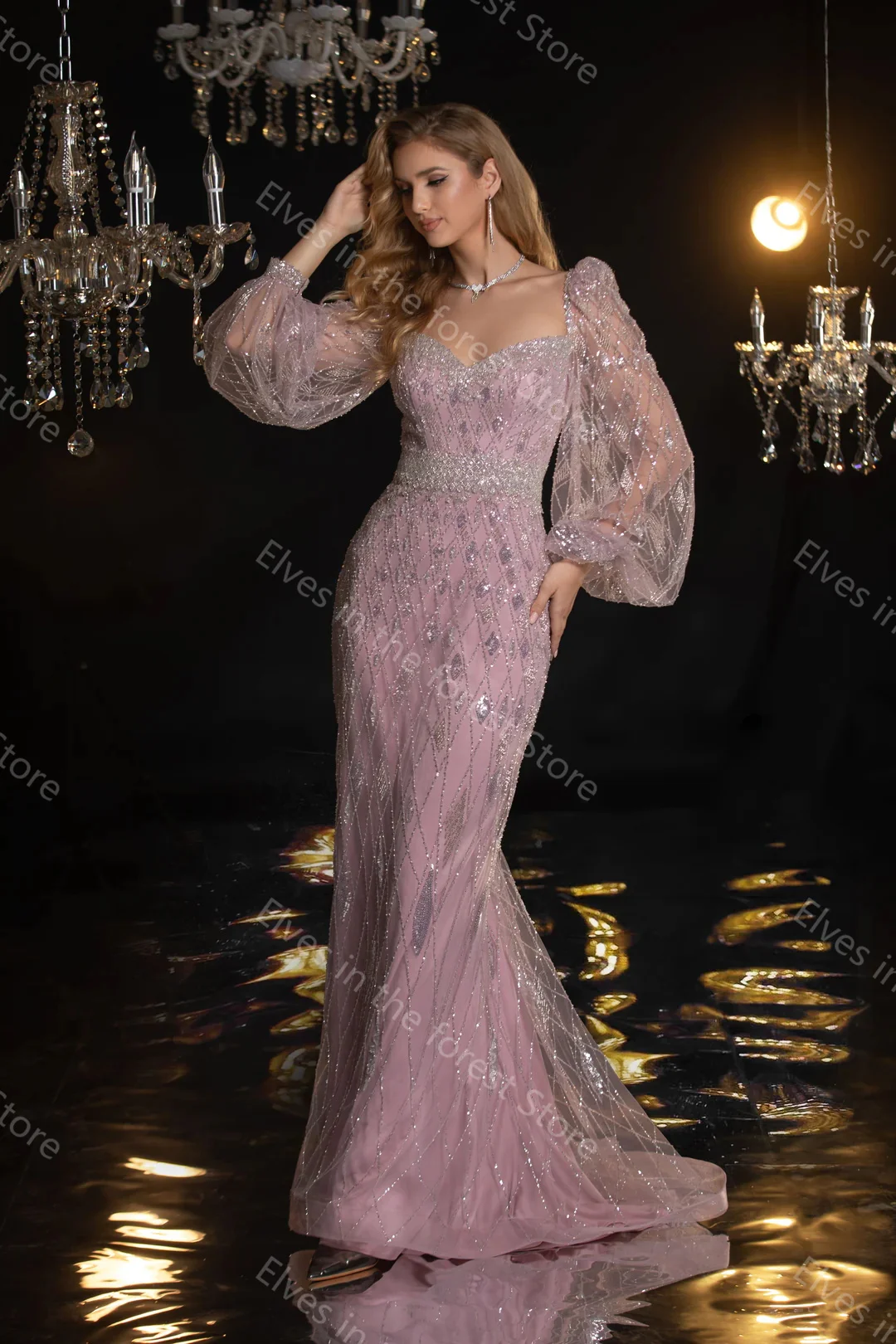 Glitter Pink Mermaid Evening Dresses Sequins Long Sleeves Prom Gowns Luxury Floor Length Celebrity Homecoming Party Dresses