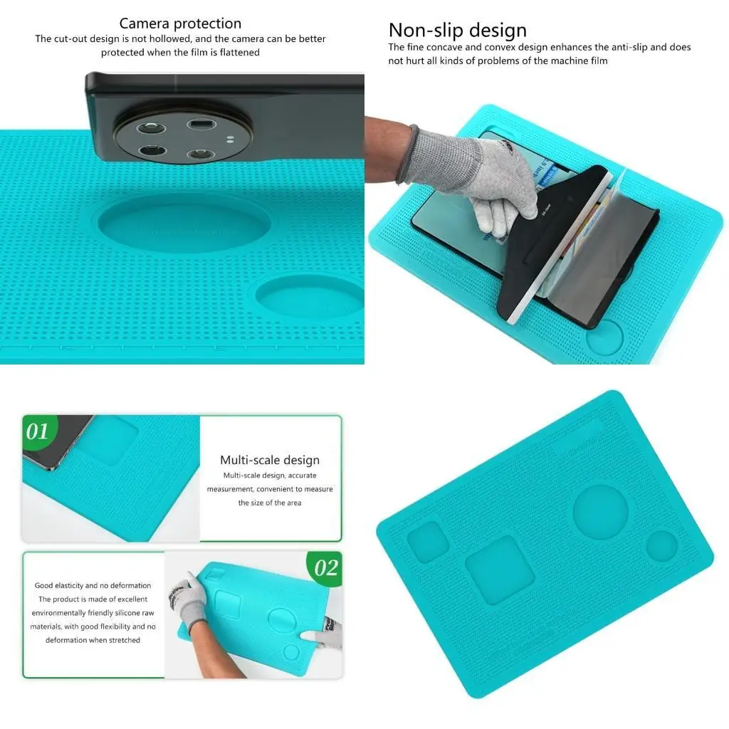 Dispositivo di applicazione per protezione schermo con tappetino in silicone per la manutenzione dei dispositivi, previene i danni allo scivolamento alle fotocamere dei telefoni - immagine 2