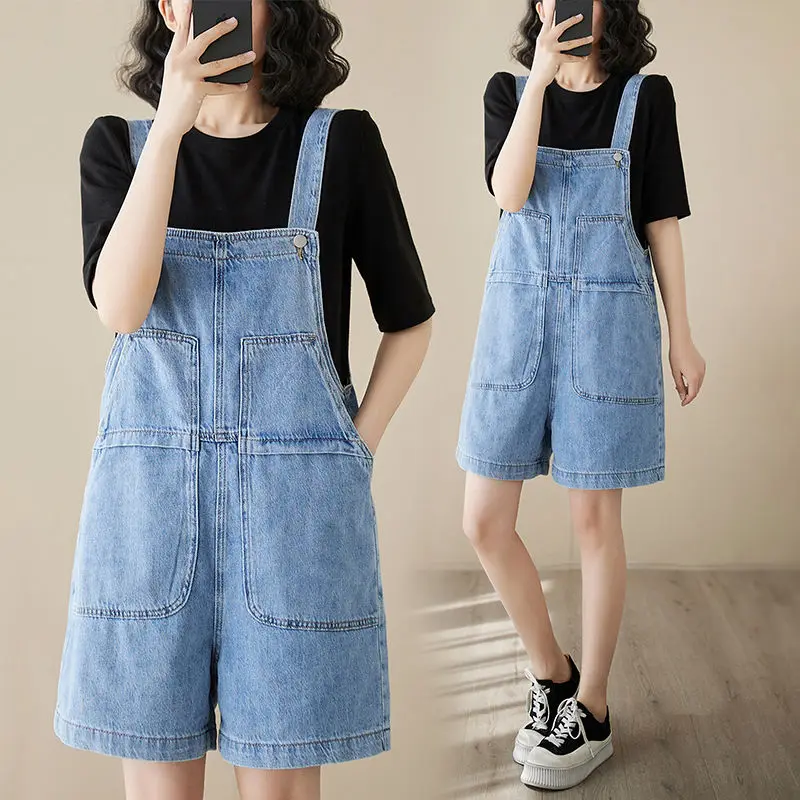Vintage Floral Printed Denim Palysuit Women Casual Jeans Rompers Loose Strap Sleevelrss Wide Lef Overalls