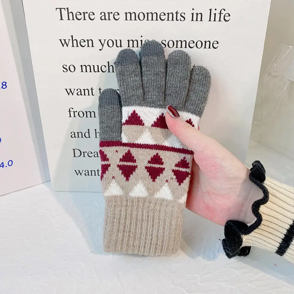 1 Pair Women Winter Gloves Windproof Soft Plush Touch Screen Knitted Gloves Thick Elastic Five Fingers Outdoor Cycling Glovess