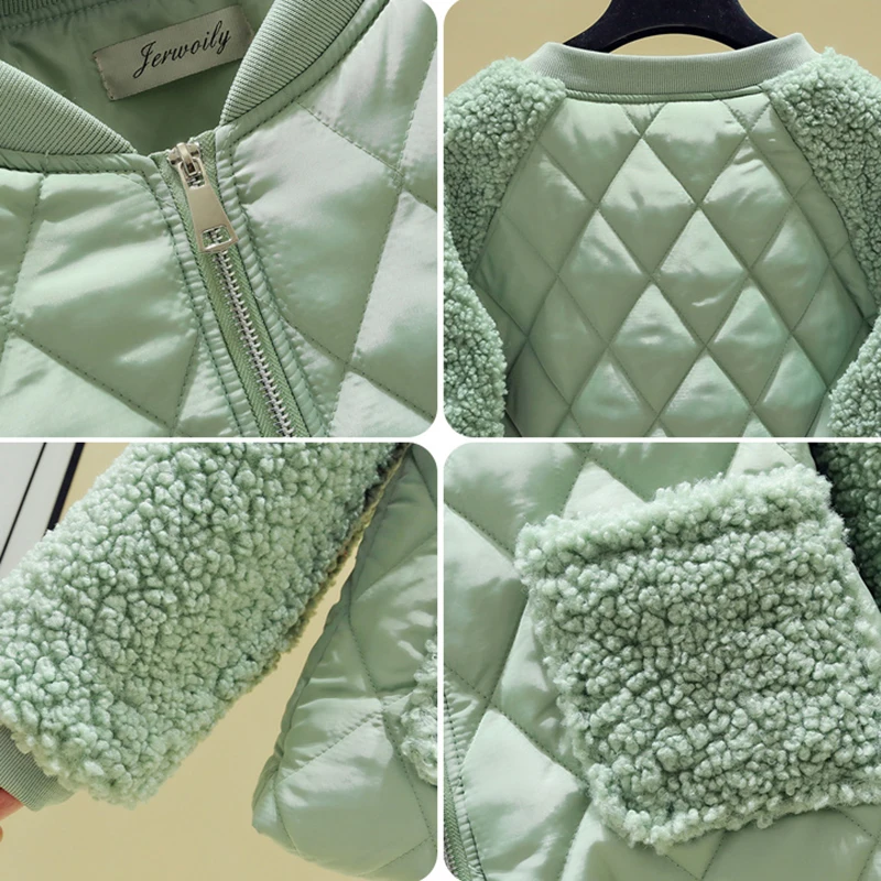 Women Casual Lambwool Winter Jacket Korean Fashion Round Neck Short Parkas Warm Vintage Long Sleeve Cotton Padded Bomber Coat