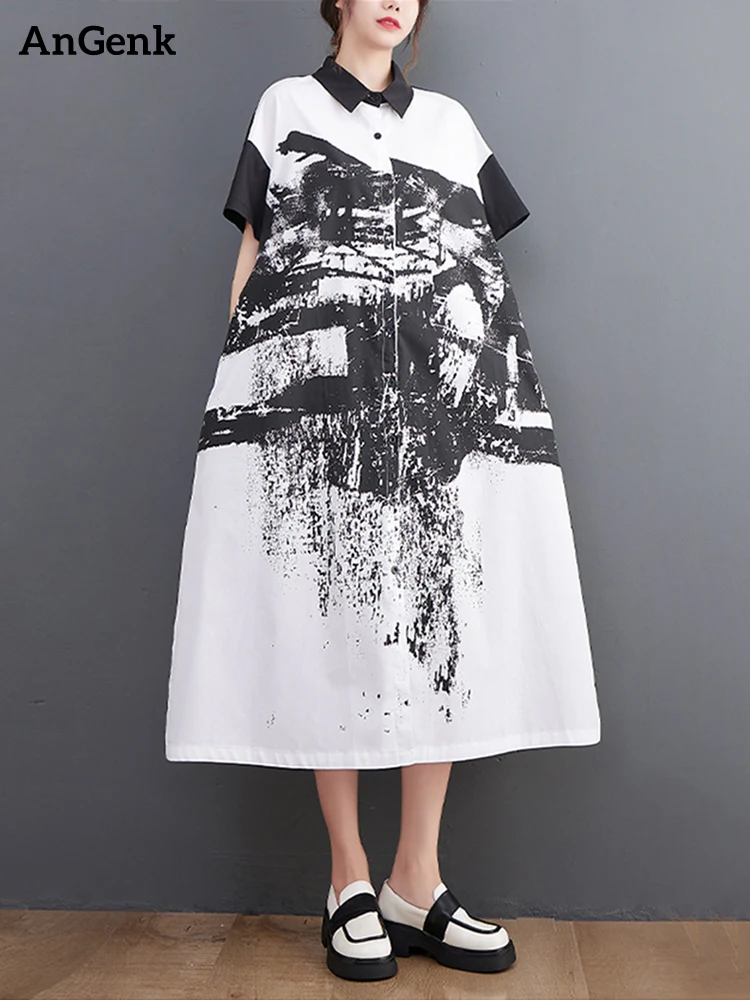 2023 Spring Summer New Vintage Print Shirt Dresses For Women Short Sleeve Loose Casual Midi