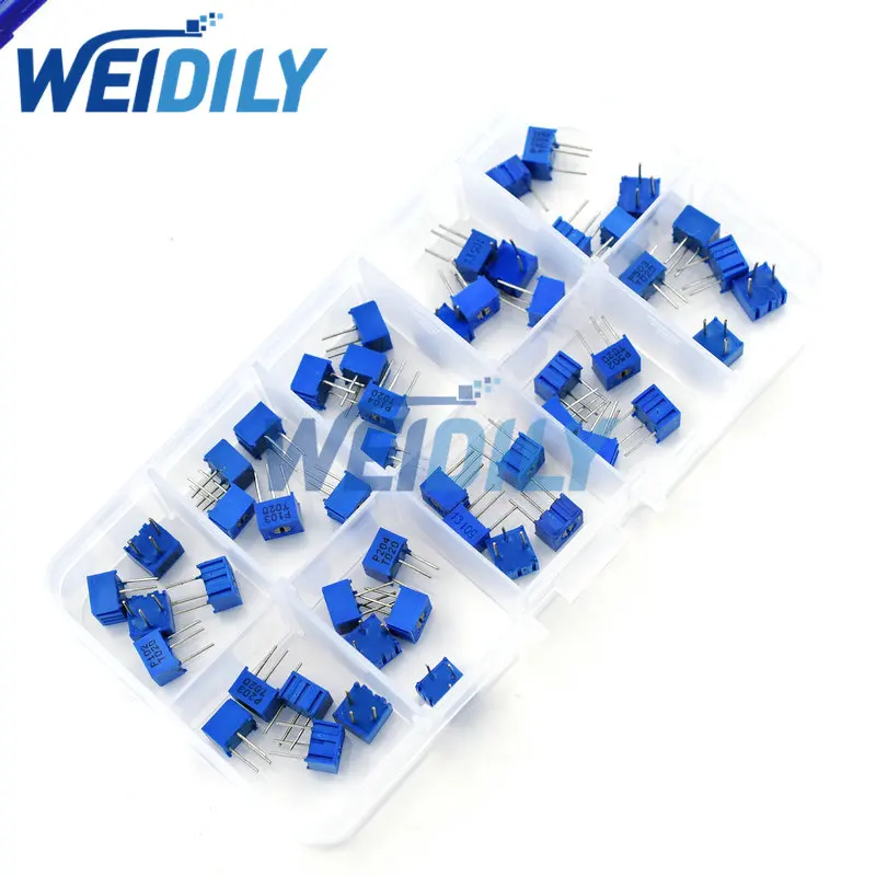 50PCS 10values*5PCS 3362P Multiturn Trimming Potentiometers Kit 500R-1M 3362 Potentiometer 500 ohm-1M ohm multiturn potentiometer potentiometer kit electronic components